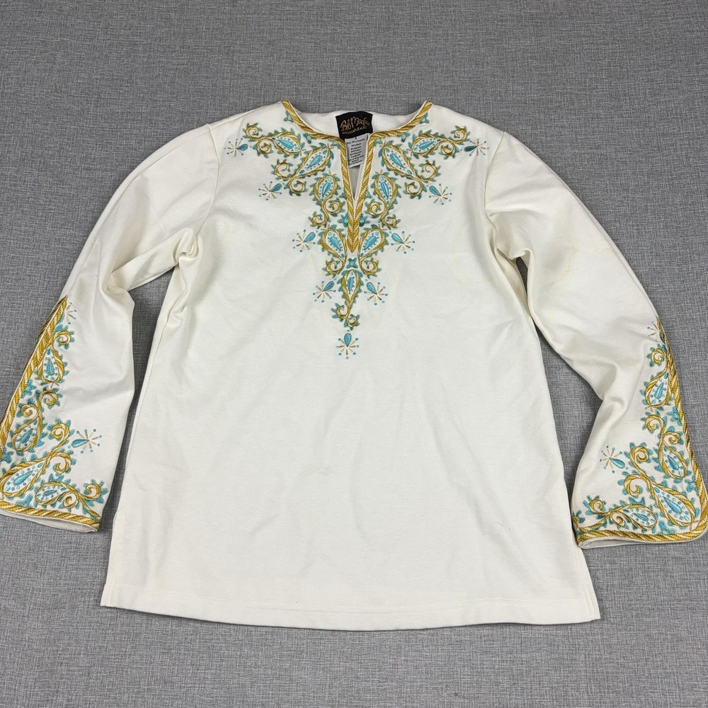 Bob Mackie Shirt Womens S White V-Neck Long Bell Sleeve Embroidered Tunic‎
